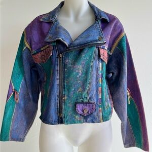 Vintage 1980s Hand Painted Denim Purple & Teal Women's Crop Jean Jacket